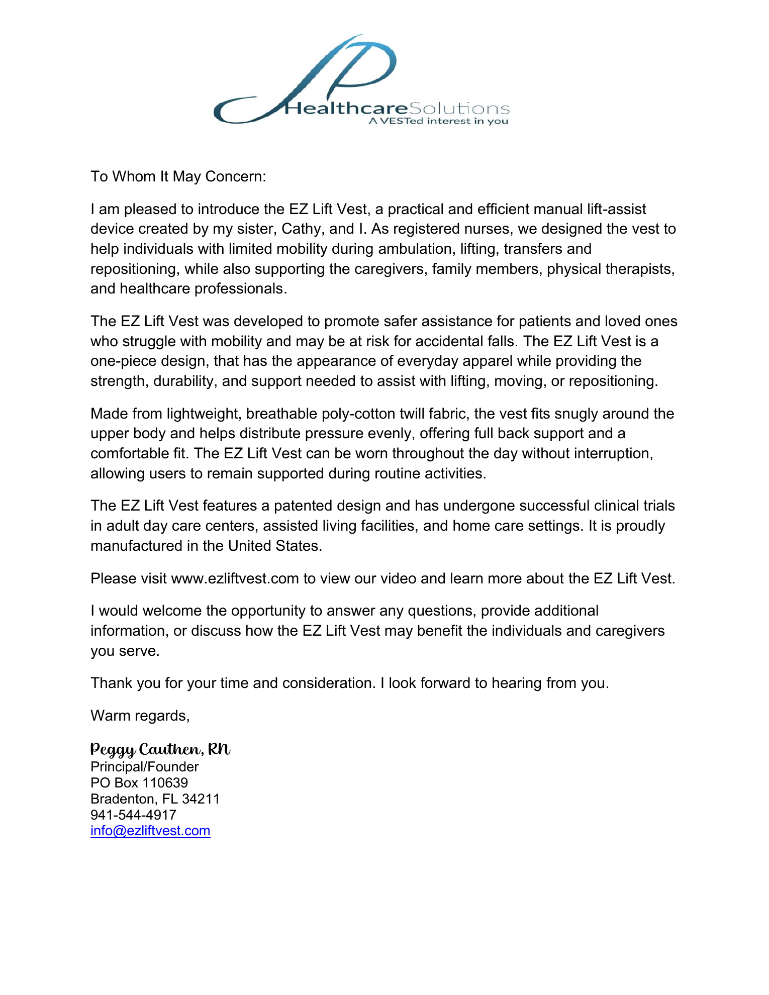 First page of the EZ Lift Vest introduction letter from Peggy Cauthen, RN